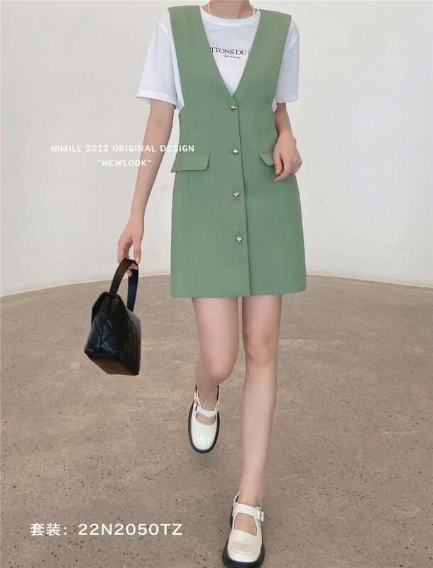 [namil] Korean alphabet short sleeved T-shirt + sleeveless versatile solid color vest skirt suit 2050# LSW