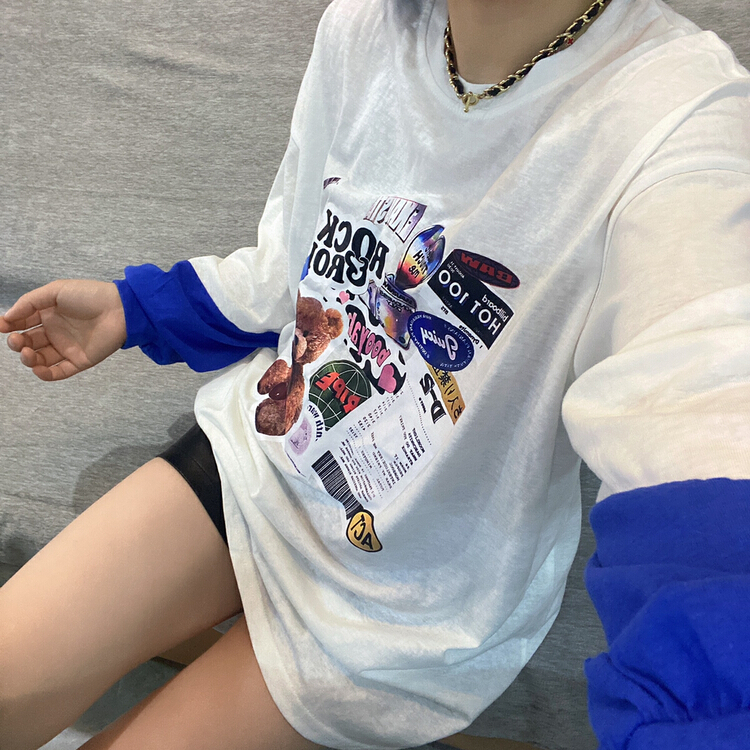 New year in early spring! [Qijia +] Korean color blocking loose long sleeve T-shirt 7301# zyh