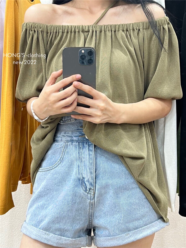 [Hong's] high waist and thin A-line button denim shorts 0135# ll