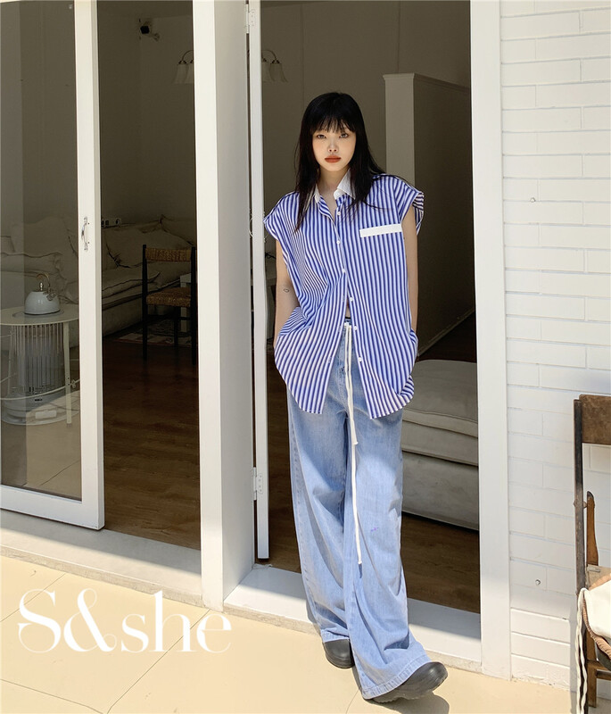 [S & she] Korean vertical stripe sleeveless shirt 1181a# XJ