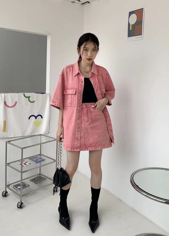 [9hour] short sleeved solid one button shirt + solid short skirt set 90332# zxl