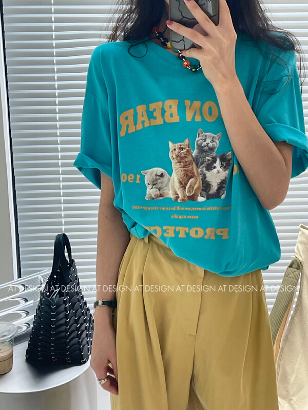 New in early summer! [at] Korean cat print loose Pullover short sleeve T-shirt 56983# LSL