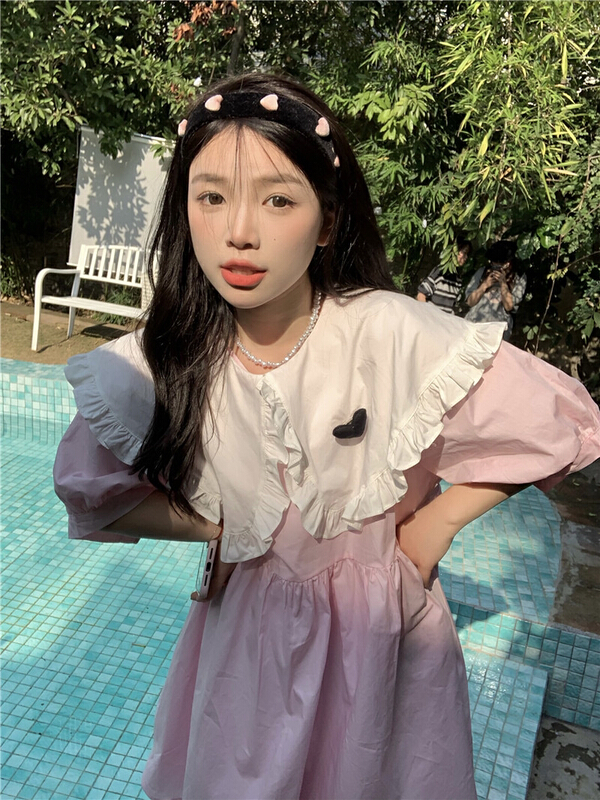 New in early summer! [timely rain] Han Feng ins sweet foreign style contrast color doll large lapel three-dimensional love dress (detachable with love) 54060# WPL