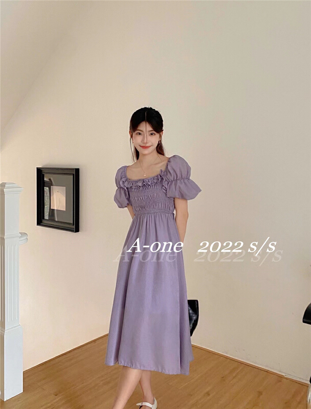 goods in stock! New in early summer! [A-One] elegant micro retro bubble sleeve high waist dress 22077# hjy