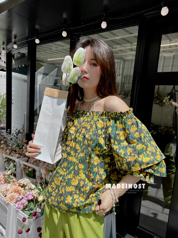 [OSHA madeinost] Vintage tulip two on one shoulder cotton blouse 86297# ll