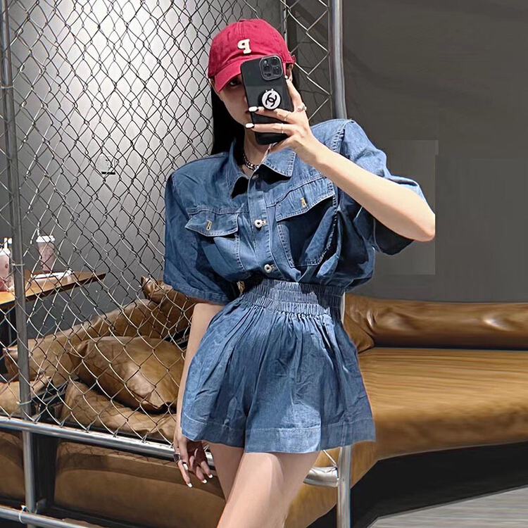 [yes] Korean retro thin short sleeved shirt + Design High Waist Shorts Set 22079# ozq