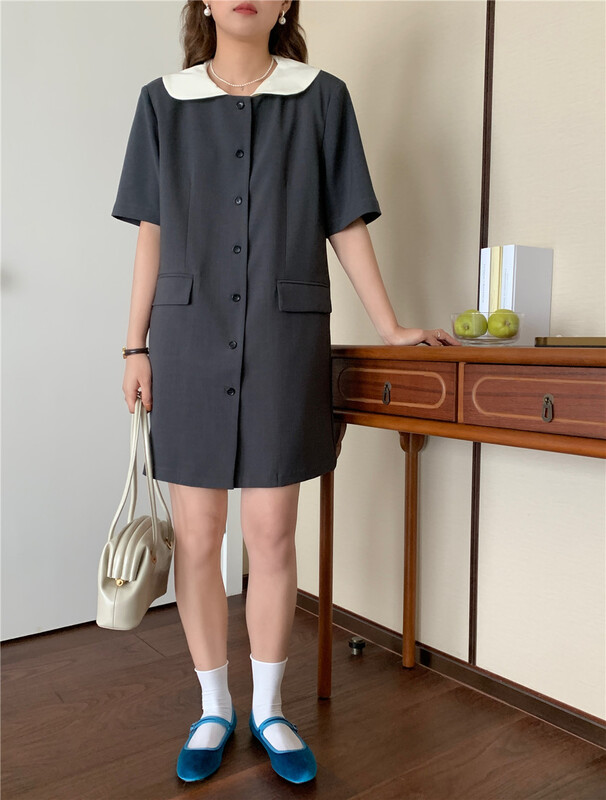 [feeding] Korean color matching baby collar button dress 3366-a6# cqw