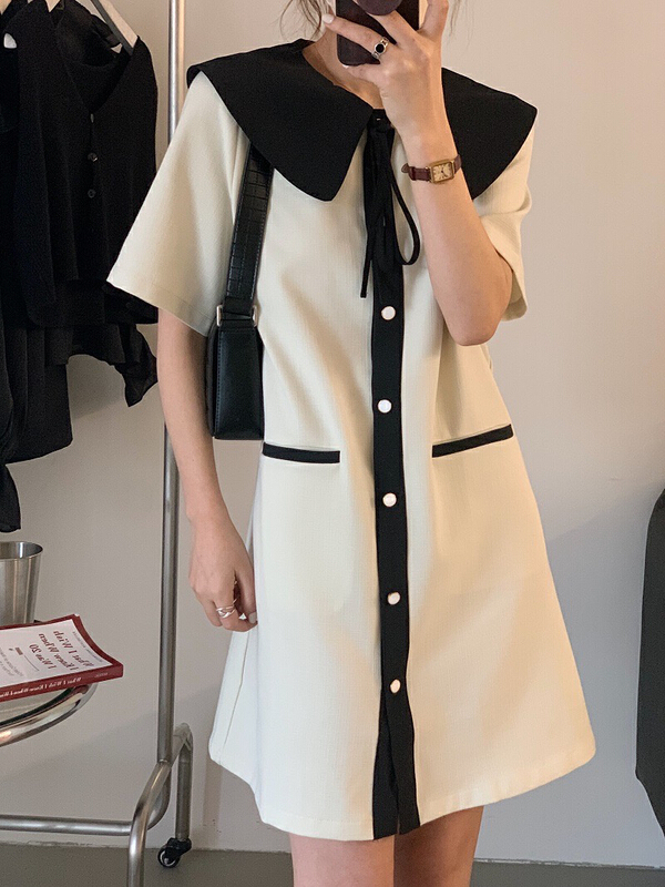 In early summer! [rasion] playful little fragrance big Lapel contrast color lace up single breasted loose thin dress (without chain) 8894\lsl