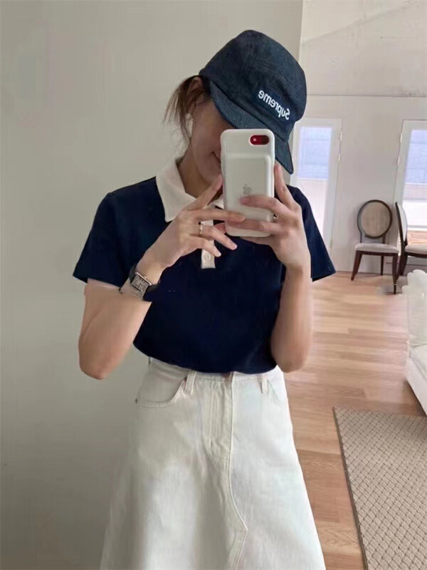 [Tn] Korean contrast polo collar short sleeve T-shirt t3264# cqw