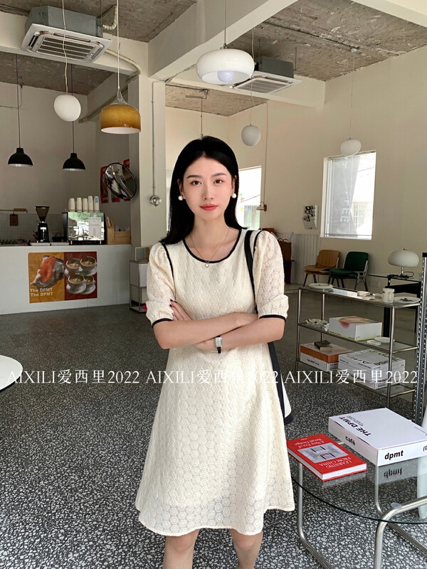 [aixili aisili] crew neck embroidery slim versatile dress 6585# WPL