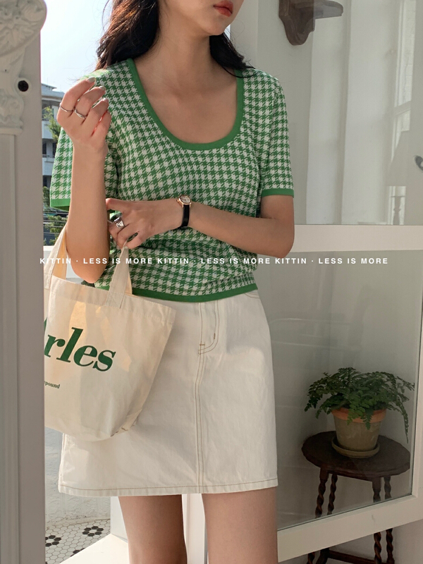 goods in stock! [Kittin] Korean candy color thousand bird grid hemp sense U-neck short sleeve sweater 159# L