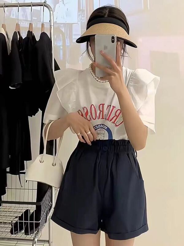 [I-D] Korean print lace short sleeve T-shirt ys8119# ll