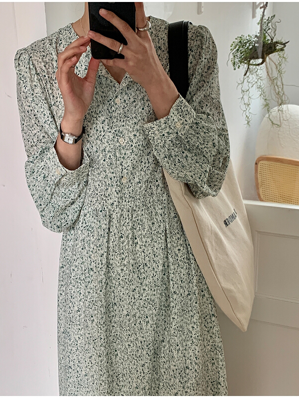 [the mind] ins Korean style simple round neck versatile floral dress 60120# jhy