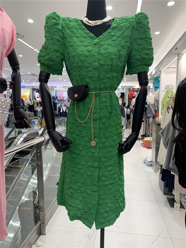 [small dish seedlings] temperament V-neck breasted dress (without bag) 8503# lwy