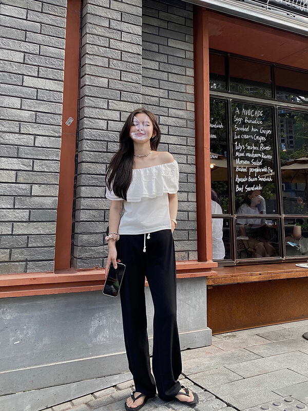 [wgwe] drawstring hanging feeling loose, lengthened straight tube, elastic waist, slim and tall casual pants 1368# PCZ
