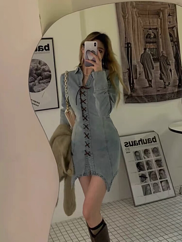 goods in stock! New year in early spring! [LML] Korean style versatile denim dress (with detachable leather rope) m6225# ozq