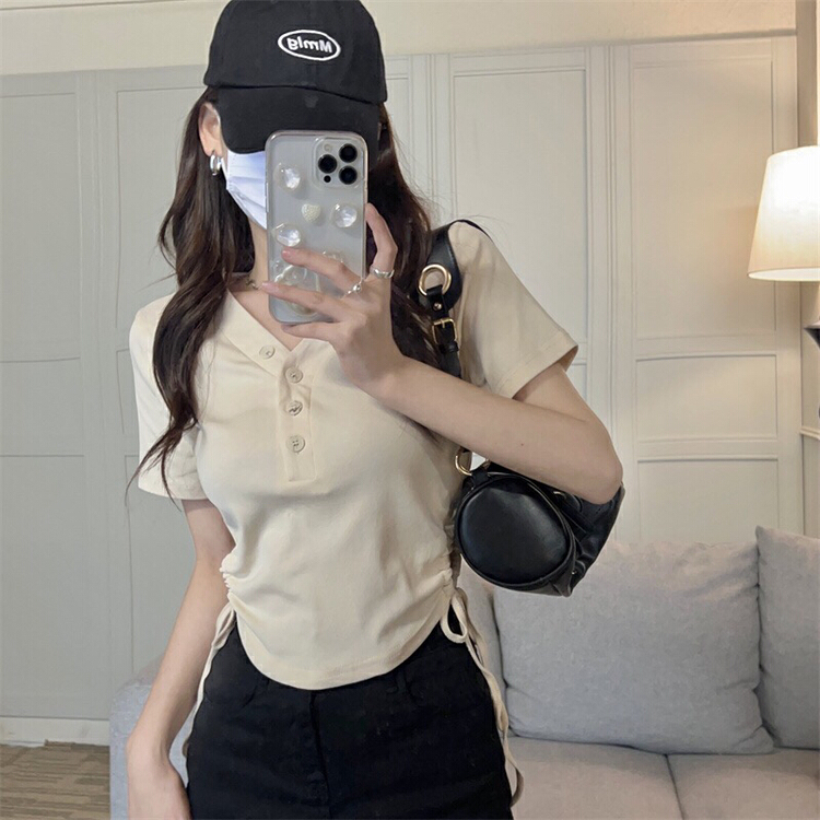 [bobi] simple solid color two side drawstring strap short short sleeved T-shirt 8861# hjy