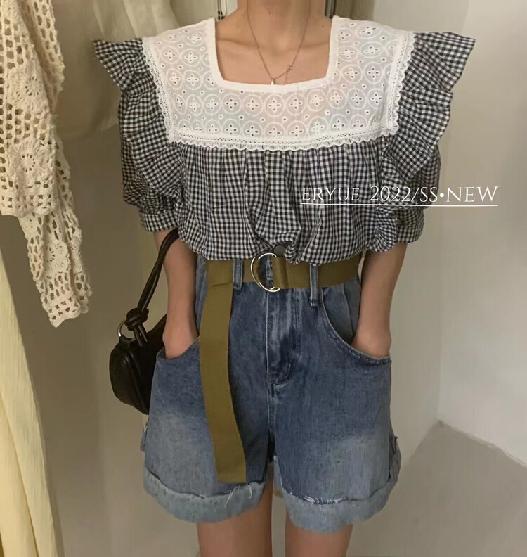 [ruru-clutching 2 store] aging lace plaid shirt 558# lwy