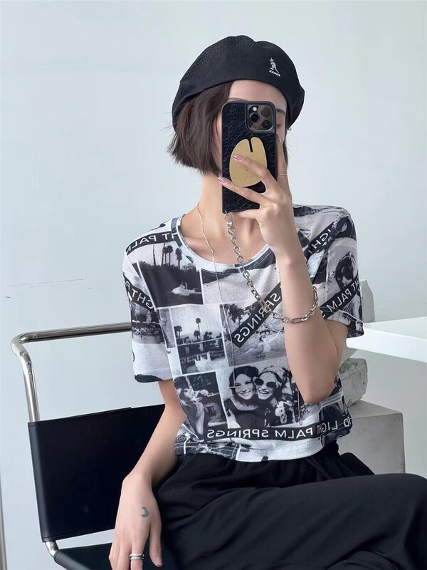 [black + white] fashion holiday picture printed short sleeve T-shirt 2s02526u# lwy
