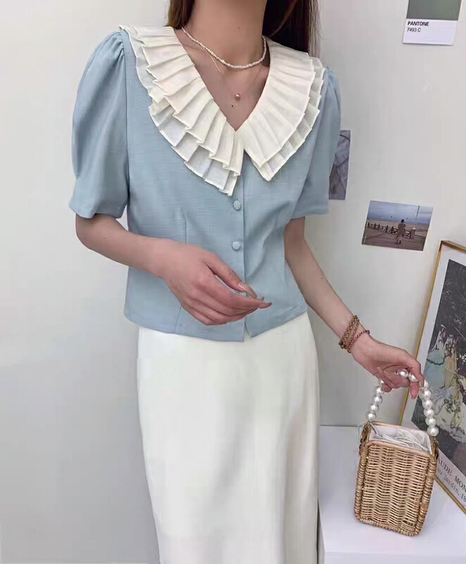 New in early summer! [Wo +] double layer lotus leaf collar bubble sleeve blouse 22526# zxx