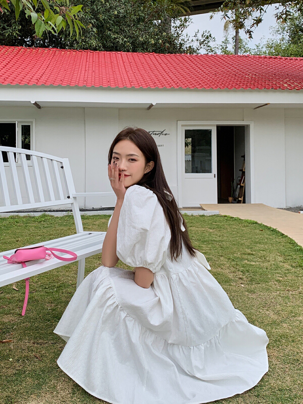 [herb] sweet bow decorative jacquard bubble sleeve dress s22101044-1# lwy