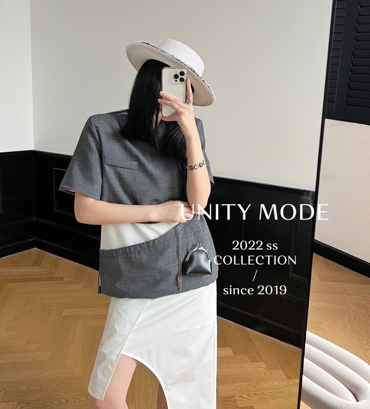 [unit] cool style apricot stitching Korean loose round neck short sleeve T-shirt 8023# cqw