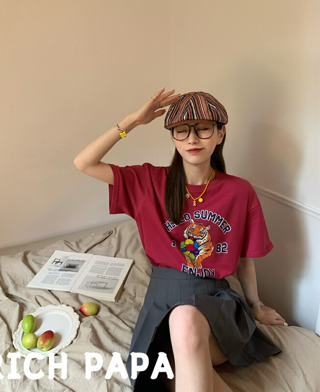 New in early summer! [rich Papa] Korean cartoon printed loose short sleeve T-shirt t240# zxx