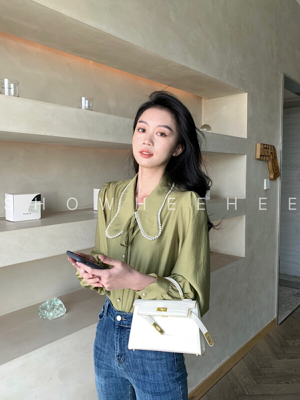 Original price 84.60! Early spring! [xiuxixi] French sweet heavy industry Beaded baby collar shirt 7936# zxx