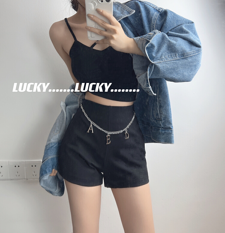 [lucky] a small group of high waist slim fit wide leg casual pants (with chain) 1176# zxx