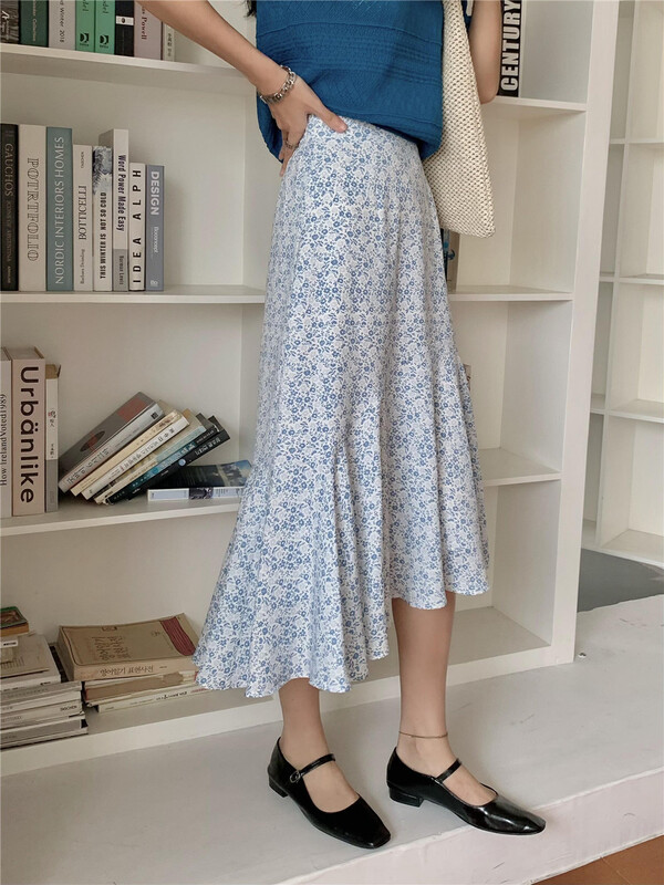 [Chennai] elastic waist floral mid length skirt 221r042# zxx