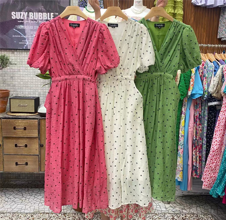 [suzybubble] fashion V-neck wave point sweet bubble sleeve dress 2299# WPL