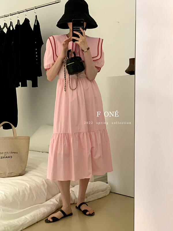 [f one] Korean color contrast Double Neck Dress 66103# WPL