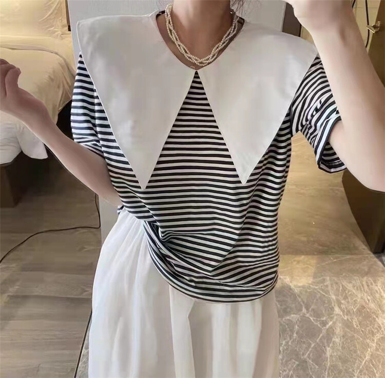 goods in stock! New in early summer! [Anan +] Korean stripe Pullover short sleeve T-shirt 2071# WTT