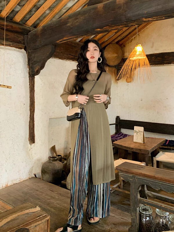 [savage] French retro solid color round neck slit sunscreen shirt e8268# WPL