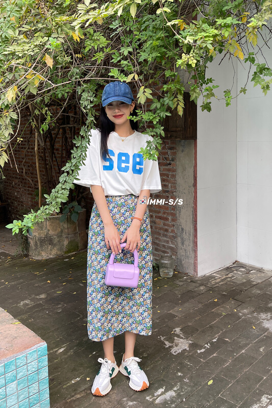 New year in early spring! [immi] Korean retro print medium length contrast color skirt 16080# lwy