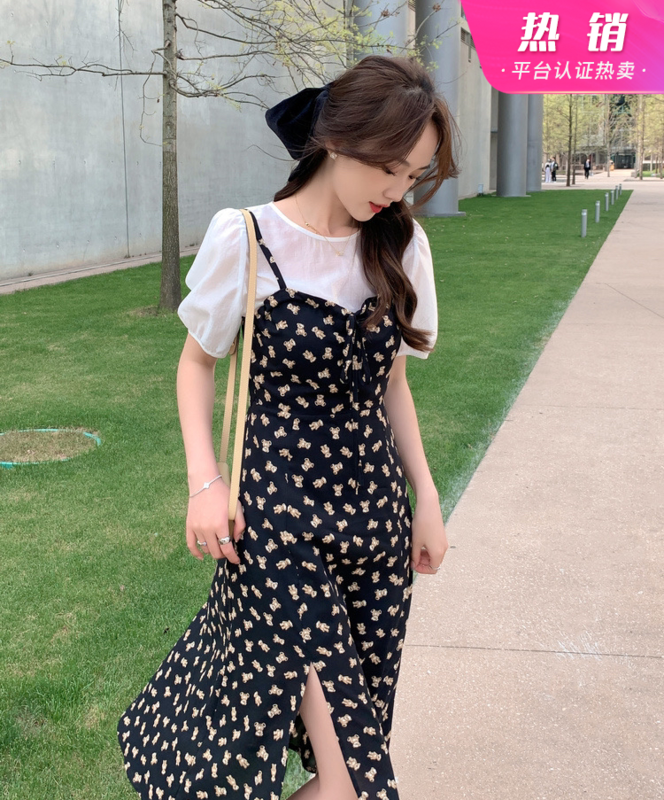 [y.jia Yijia] Korean lady mesh blouse + suspender fresh dress set 6101# PCZ