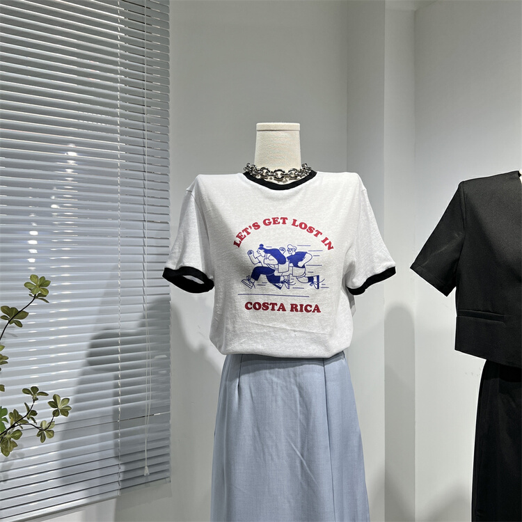 [hi candy] Vintage contrast print short sleeve T-shirt b7399# lwy