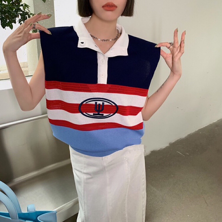 New in early summer! [blue show] design sense niche polo collar shoulder pad sweater 6017# LSW