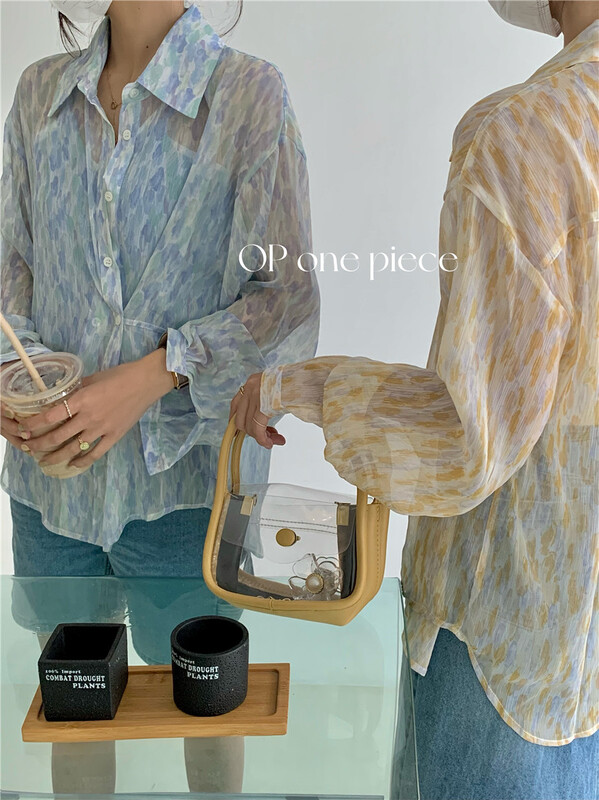 goods in stock! [OP one piece] Korean ink printed micro transparent sunscreen shirt 60079# hjy
