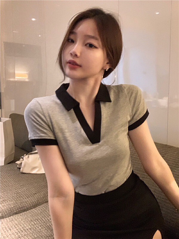 New in early summer! [wgwe] pure sexy V-neck Polo color contrast Spice Girl polo shirt 1536# PCZ