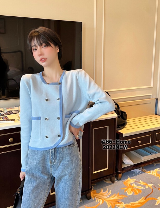 goods in stock! New year in early spring! [66 home] Korean color contrast double breasted large pocket knitted cardigan ys1-6727# PCZ