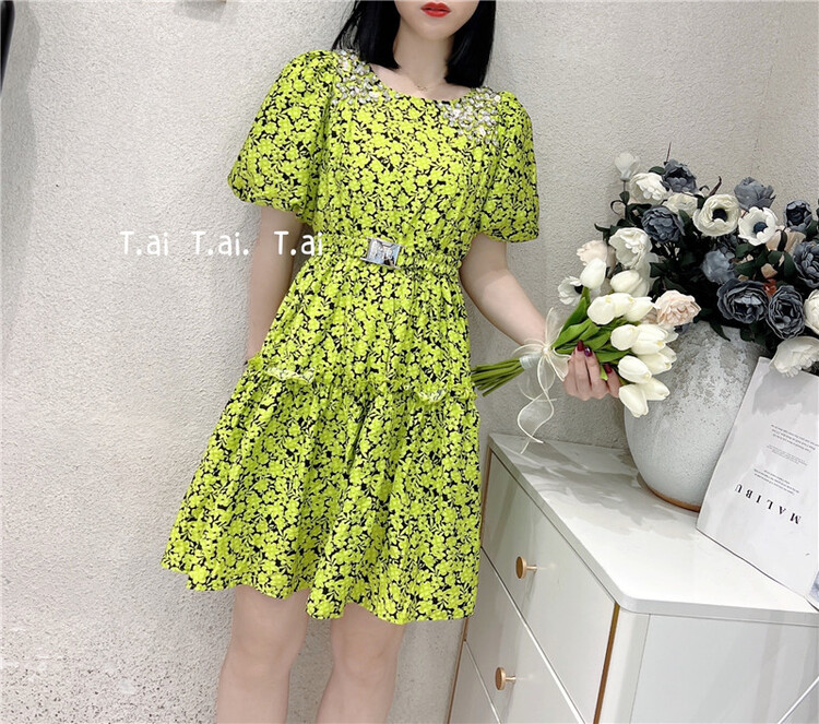 [t.ai] French floral Nail Drill dress (with belt) 10058# zxx