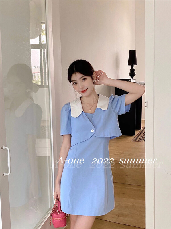 goods in stock! New in early summer! [A-One] Han Shu temperament contrast color Lapel short shirt + sexy simple and versatile hanging suit 22101# hjy