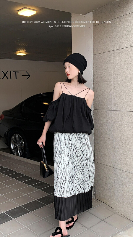 goods in stock! New in early summer! [DT class] stitched stripes and pleats for thin and versatile skirt 4753# XYJ