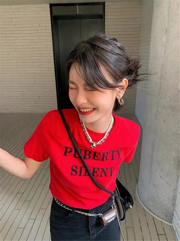[yyq] round neck letter comfortable short sleeve T-shirt ys1-8013# L