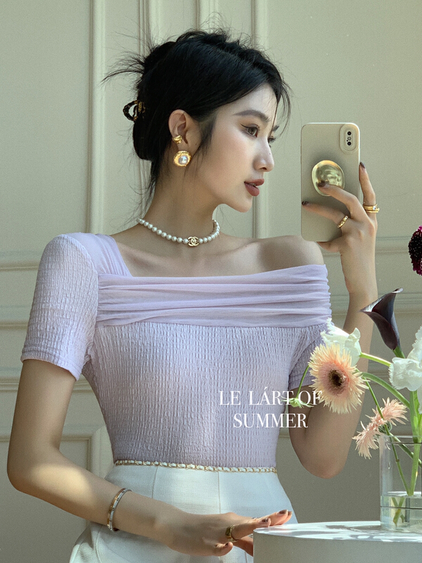 【LE LART】高級時髦法式純欲風拼紗露肩小衫  LL2713#  XYJ