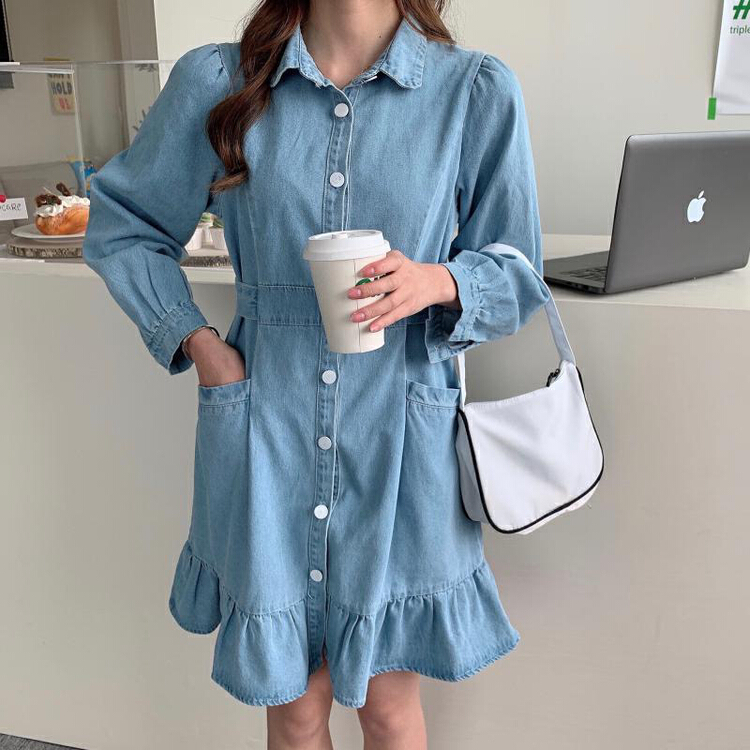 New year in early spring! [ten. Ten] Korean style lotus leaf skirt with thin denim dress 6820# jhy