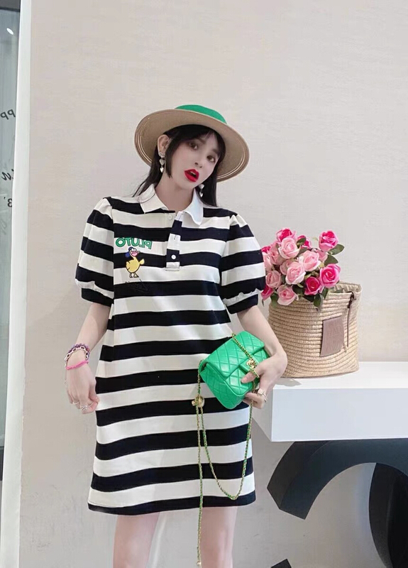 [blue show] Korean front and back printed striped dress (only T-shirts) 8135# LSW
