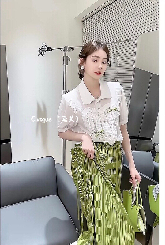 New in early summer! [c.vogue] Korean Ruffle shirt + pleated high waist skirt set 29923# PCZ