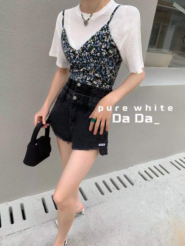 [dada] simple and versatile short sleeve T-shirt + floral fashion suspender vest set 6658# zxl